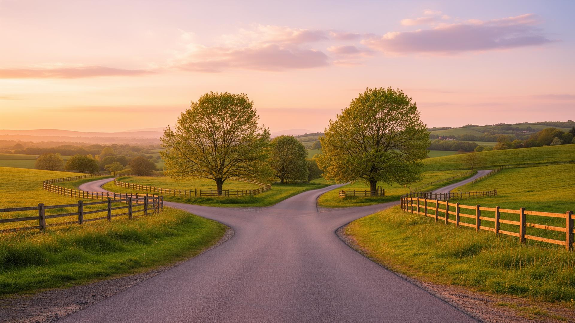 A country road forking into Tasks, Trade and Work